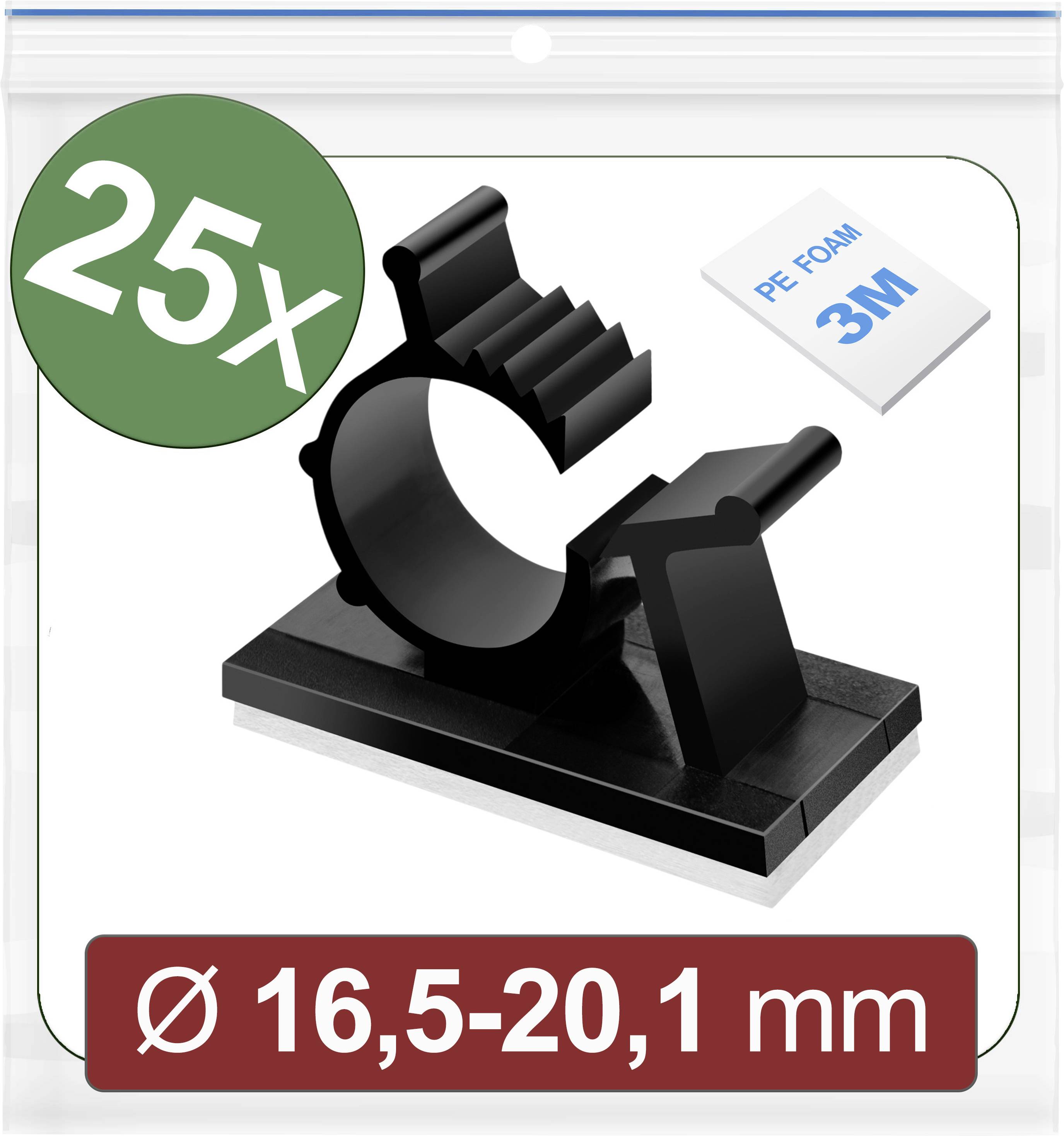 Černý kabelový úchyt '25X' s nálepkou 'PE FOAM 3M', vhodný pro průměr kabelu 16,5-20,1 mm, v plastovém obalu.