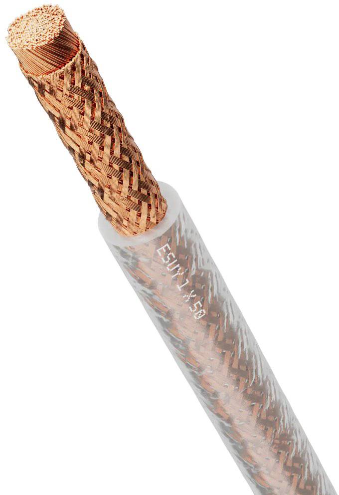 Měděný kabel s průhledným plastovým pláštěm. Plášť je částečně odstraněn, aby byla odhalena spletená měděná struktura.