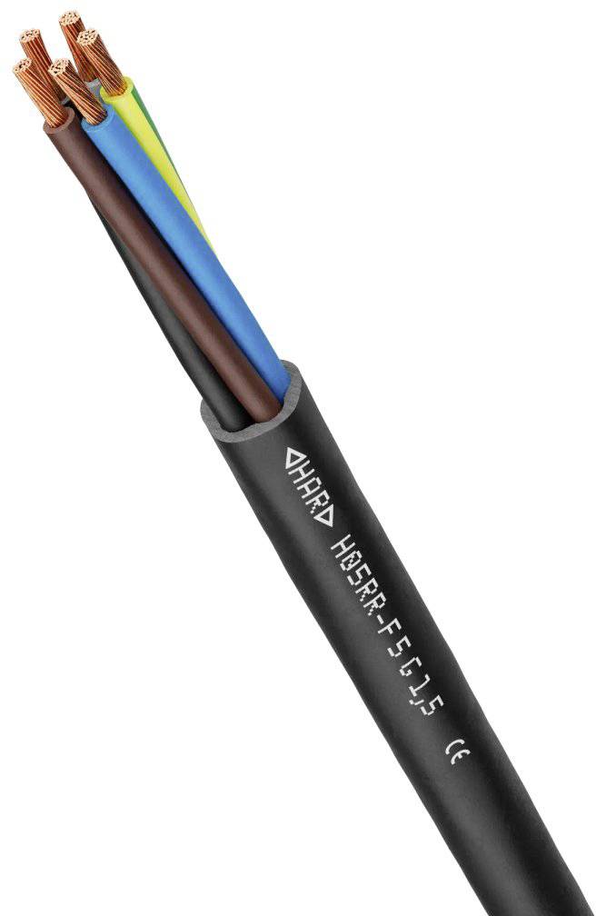 Kabel s pěti otevřenými měděnými vodiči v různých barvách (zeleno-žlutá, modrá, hnědá, černá, šedá), vhodný pro elektroinstalace.