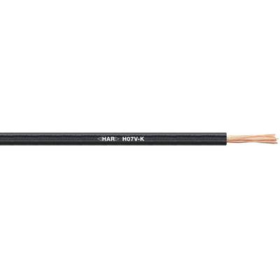 Černý kabel s nápisem 'HAR H07V-K' ukazuje konec s odhalenými měděnými vodiči.