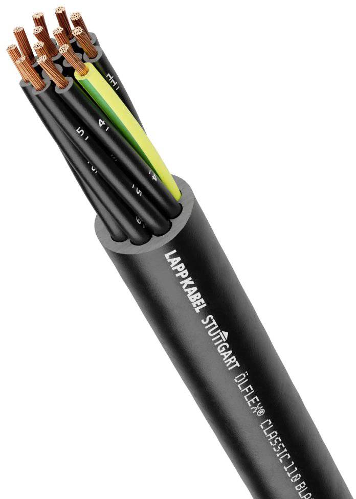 Černý kabel Lappkabel s viditelnými měděnými vodiči na jednom konci a textovým potiskem "Lappkabel Stuttgart Ölflex Classic 110 Black".