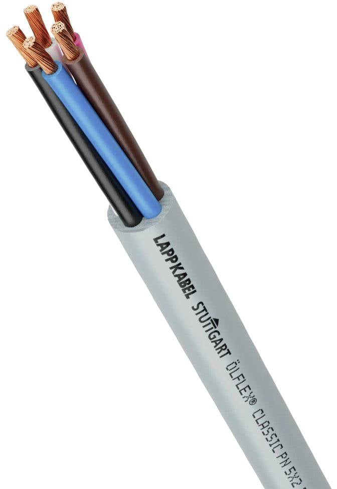 Cizí elektrický kabel značky Lappkabel. Vnější plášť šedý, vodiče v hnědé, černé, modré a žluto-zelené barvě.