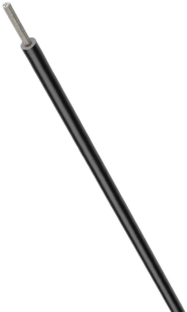 Černý elektrický kabel s odhaleným stříbrným vodičem na jednom konci. Ukazuje izolaci a vodivý drát.