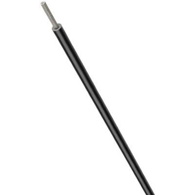 Černý elektrický kabel s odhaleným stříbrným vodičem na jednom konci. Ukazuje izolaci a vodivý drát.