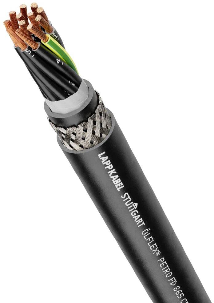 Černý průmyslový kabel s měděnými vodiči a potiskem 'Lappkabel Stuttgart ÖLFLEX® PETRO FD 865'.