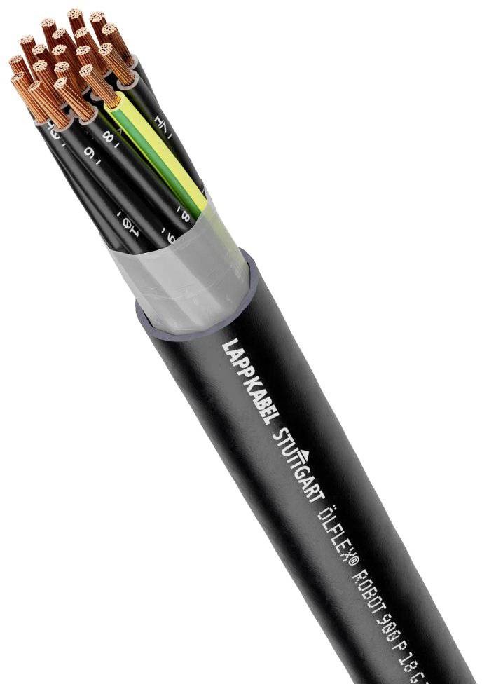 Detailní záběr vícevodičového lankového kabelu s viditelnými měděnými vodiči a štítkem. Lokalita Stuttgart, model ÖLFLEX®.