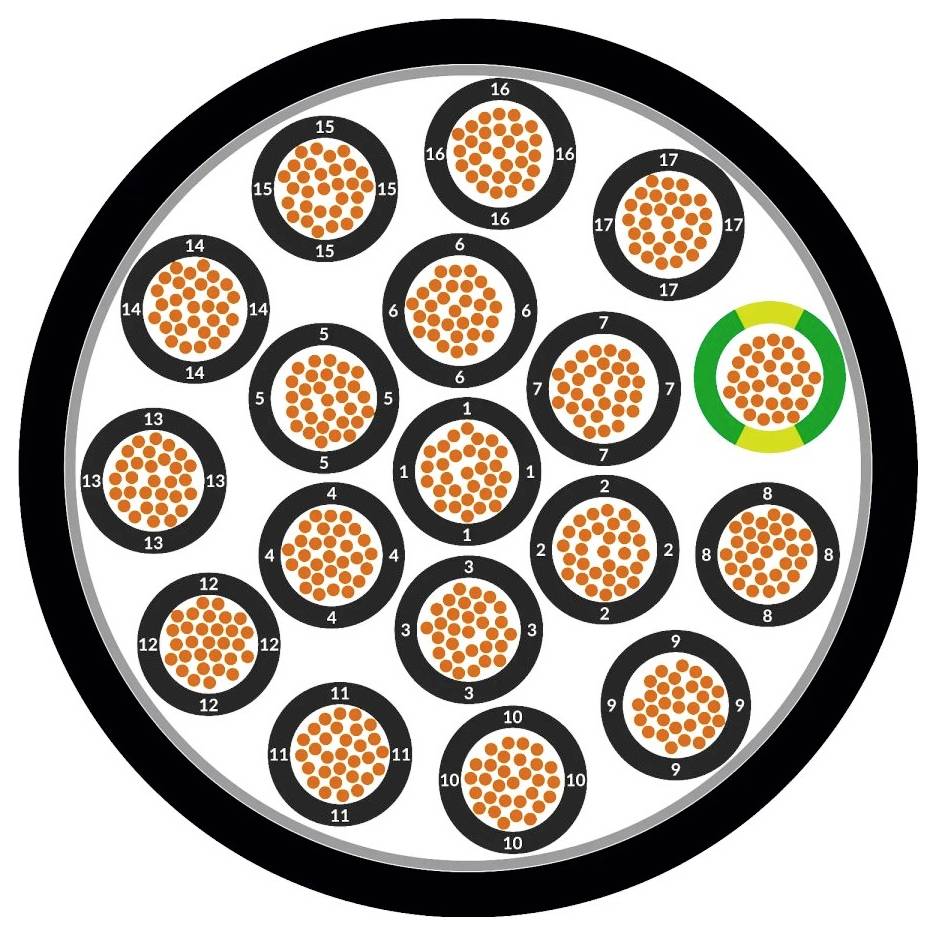 Diagram znázorňuje průřez vícežilovým kabelem. 18 černých vodičů s oranžovými jádry, jeden je orámován zeleně.