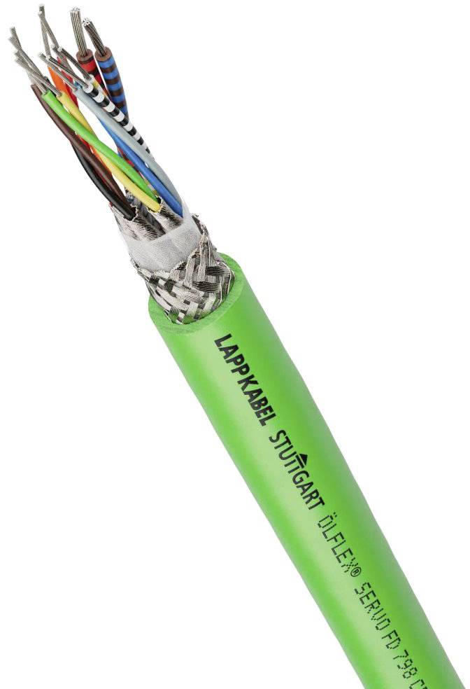 Vícevodičový zelený kabel s kovovým opletením. Označení 'Lapp Kabel Stuttgart'. Volně vyčnívající vodiče v různých barvách jsou viditelné.