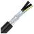 Příčný řez kabelu ukazuje různé vrstvy a měděné vodiče, včetně černého obalu a stříbrného stínění.