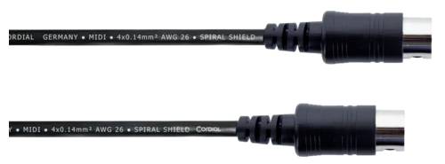 Dva černé MIDI kabely s nápisem 'Cordial Germany MIDI 4x0.14mm² AWG 26 Spiral Shield'.