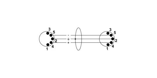 Diagram znázorňuje dva konektory, z nichž každý má pět očíslovaných pinů (1–5), a paralelní linky mezi nimi představující propojení.