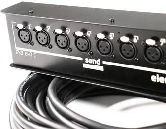 Černé audizařízení s osmi XLR konektory, očíslovanými od 1 do 8. Pod zařízením leží svinutý audokabel.