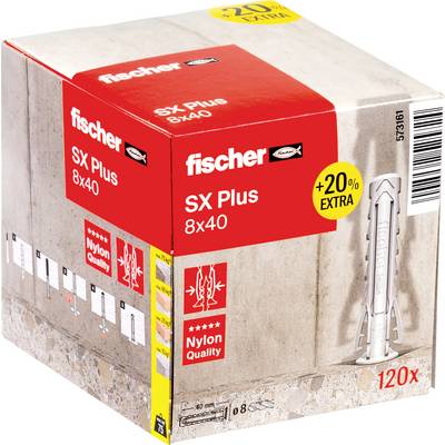 Krabice hmoždinek do stěny Fischer SX Plus 8x40, označená '+20% EXTRA' a '120x', s obrázkem produktu a detaily balení.