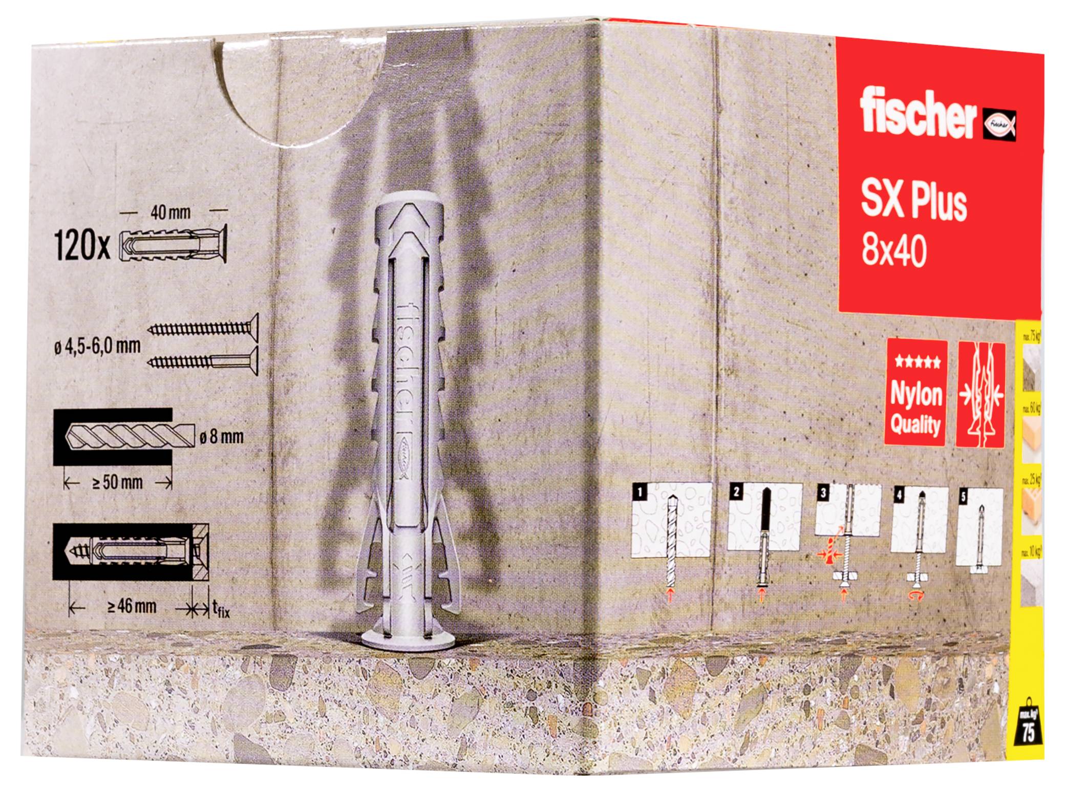 Balení fischer SX Plus 8x40 nylonový hmožďinka, 120 kusů, pro šrouby 4,5-6,0 mm. Po straně technická grafika a příklady použití.