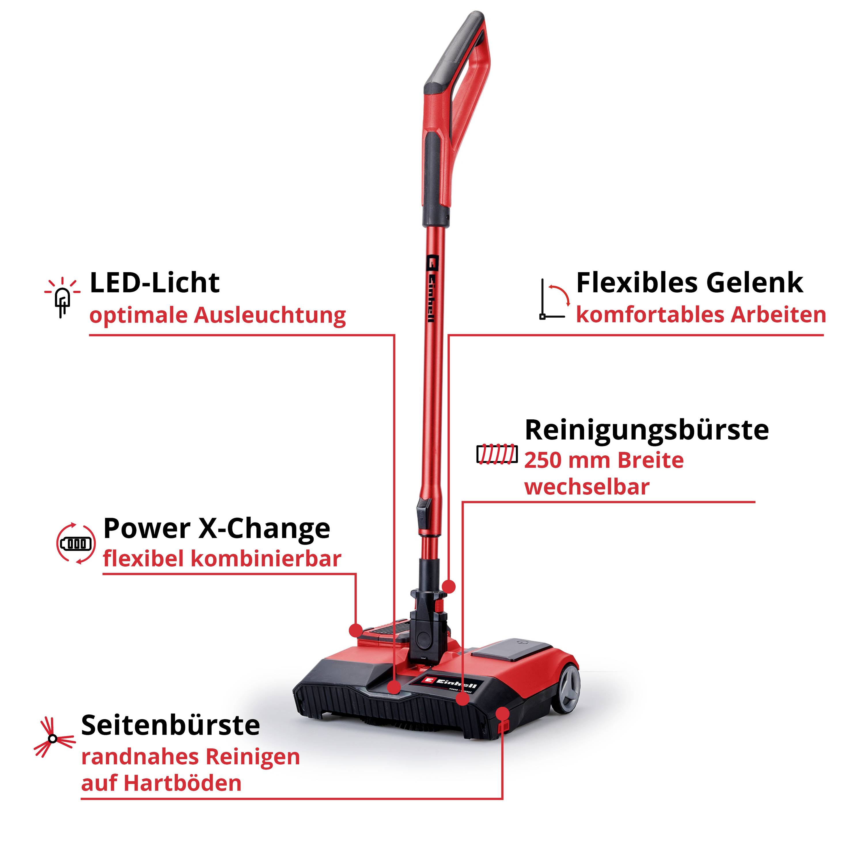 Červený tyčový vysavač s LED osvětlením, flexibilním kloubem, baterií Power X-Change, 250mm čisticím kartáčem a boční kartáč.