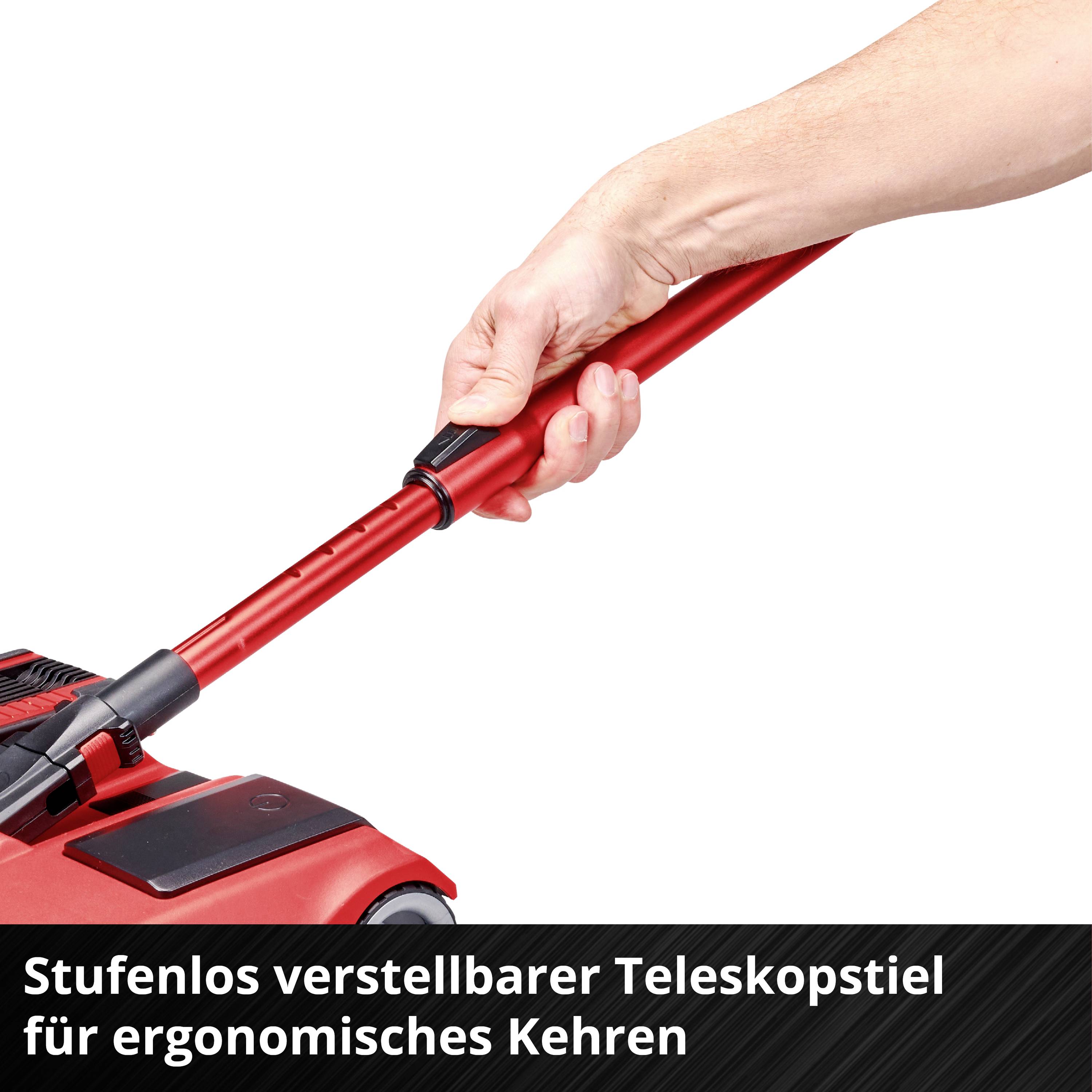 Teleskopická rukojeť červeného koštěte se nastavuje. Text: 'Plynule nastavitelná teleskopická rukojeť pro ergonomické zametání'.