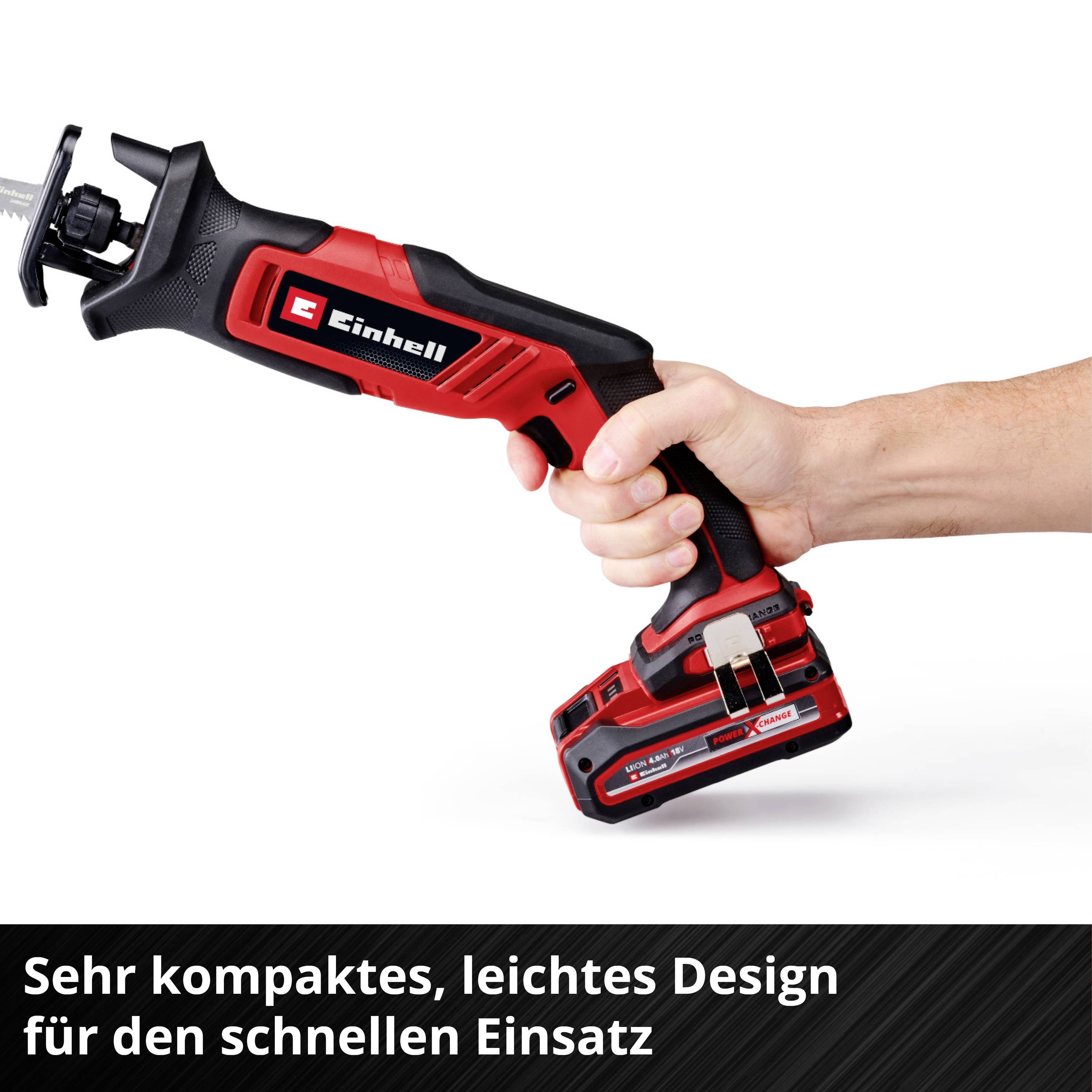 Červené šavlové pily Einhell je drženo v jedné ruce, s textem: "Velmi kompaktní, lehký design pro rychlé použití".