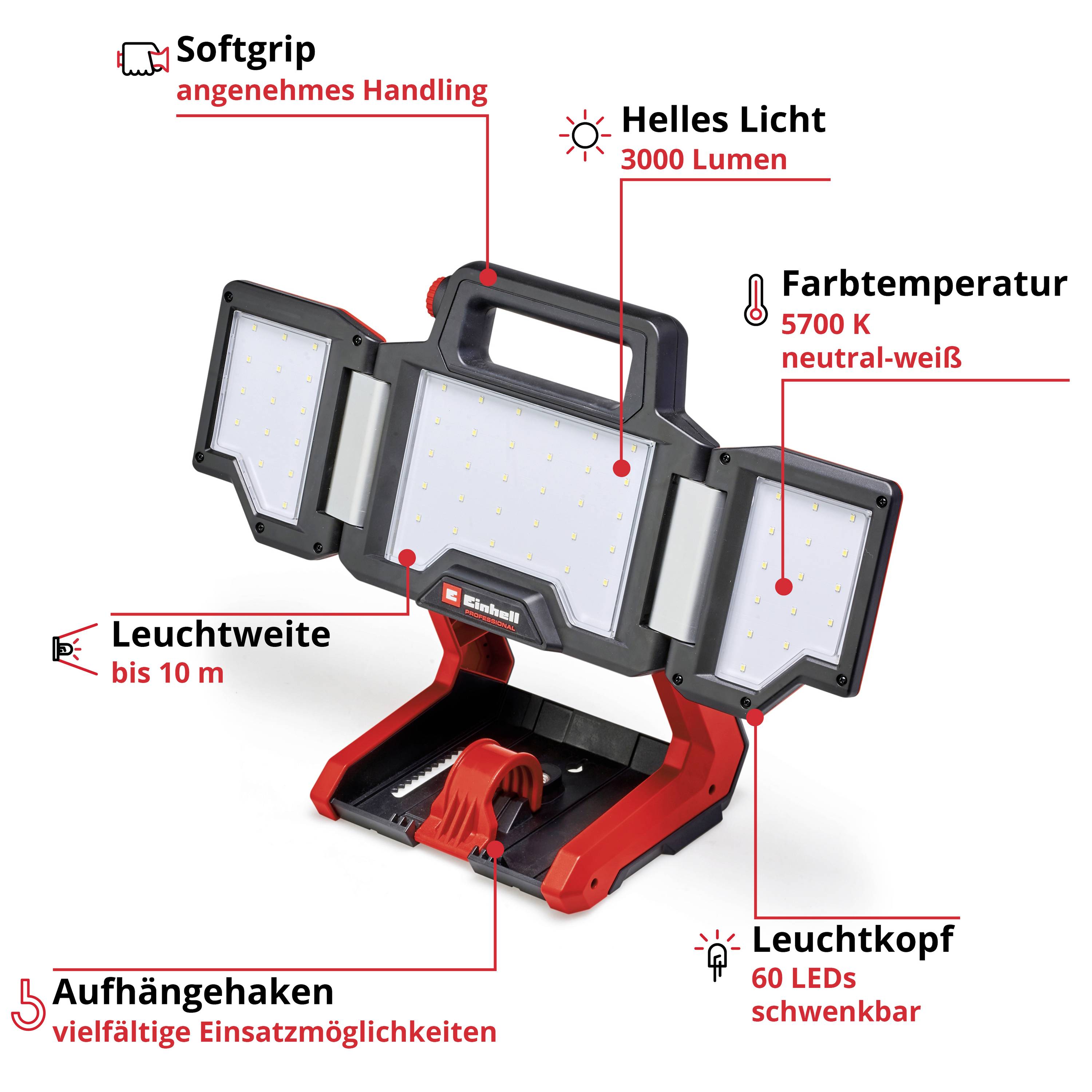 Víceúčelová LED pracovní svítilna s barevnou teplotou 5700 K, nastavitelnou osvětlovací hlavou, jasem 3000 lumenů a měkkým ergonomickým úchytem.
