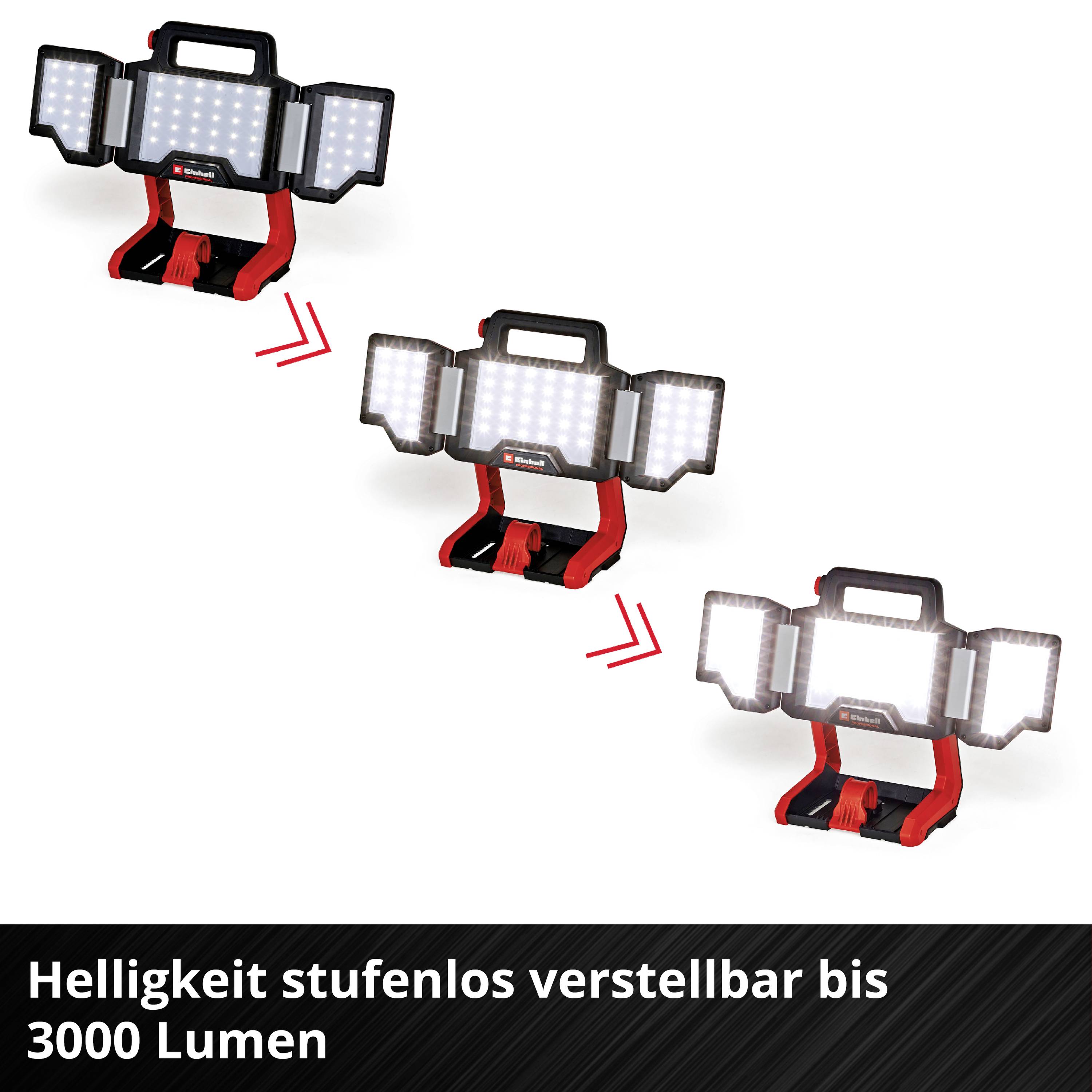 Tři nastavitelné LED lampy v různých úhlech sklonu. Text dole: Jas plynule nastavitelný až do 3000 lumenů.