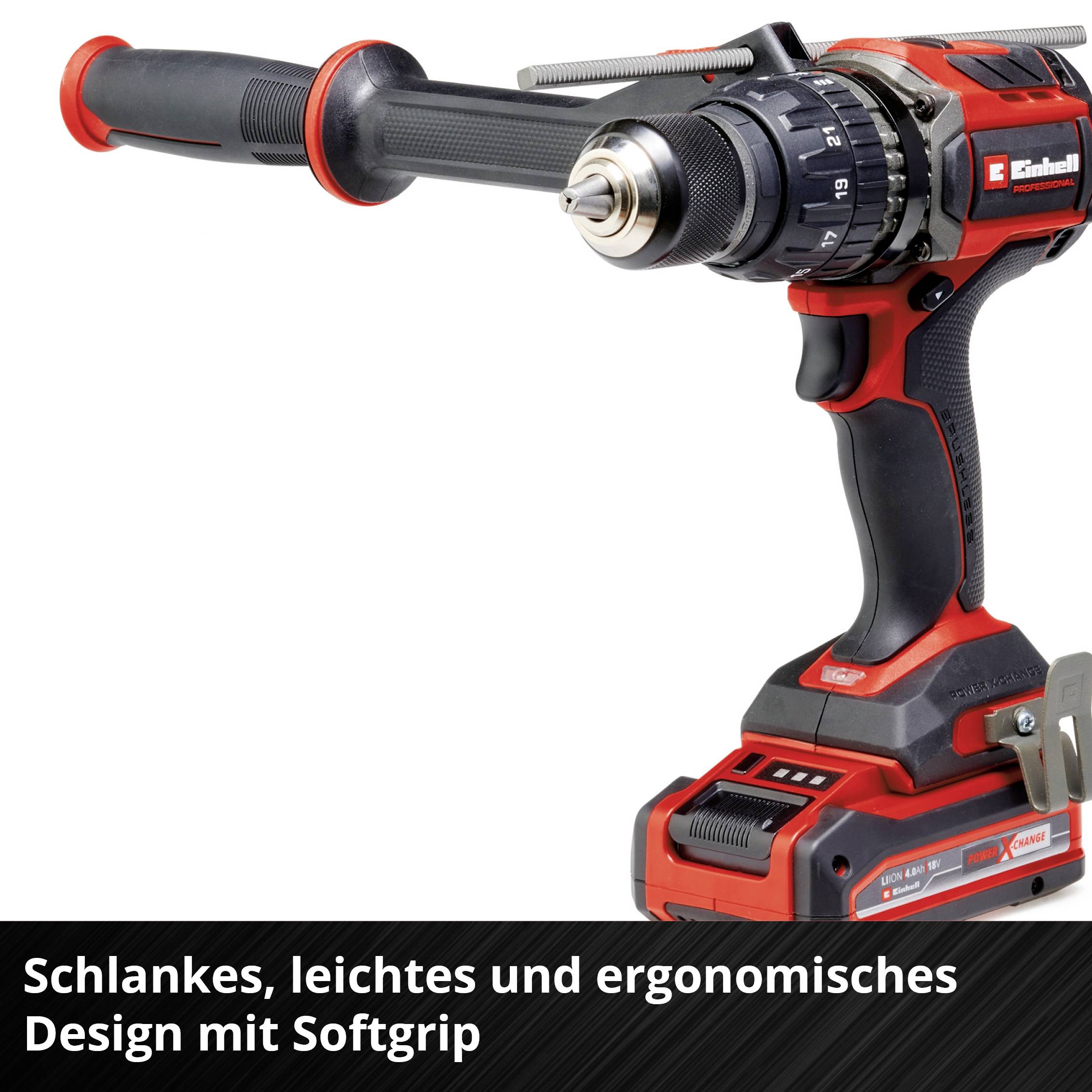 'Einhell' akumulátorový šroubovák v červeno-černé barvě s ergonomickou měkkou rukojetí, na bílém pozadí. Text v obraze: 'Štíhlý, lehký design s měkkým úchopem'.