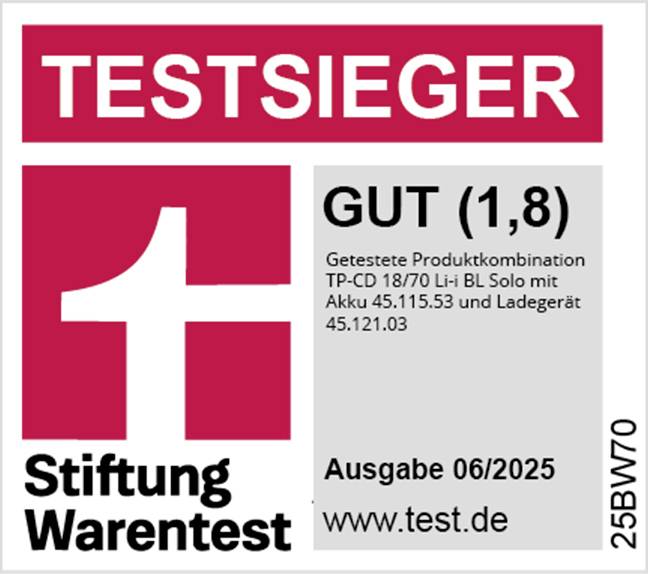 Logo 'TESTSIEGER Stiftung Warentest' s hodnocením 'DOBRÉ (1,8)', popisuje testovanou kombinaci produktů; provedení 06/2025.