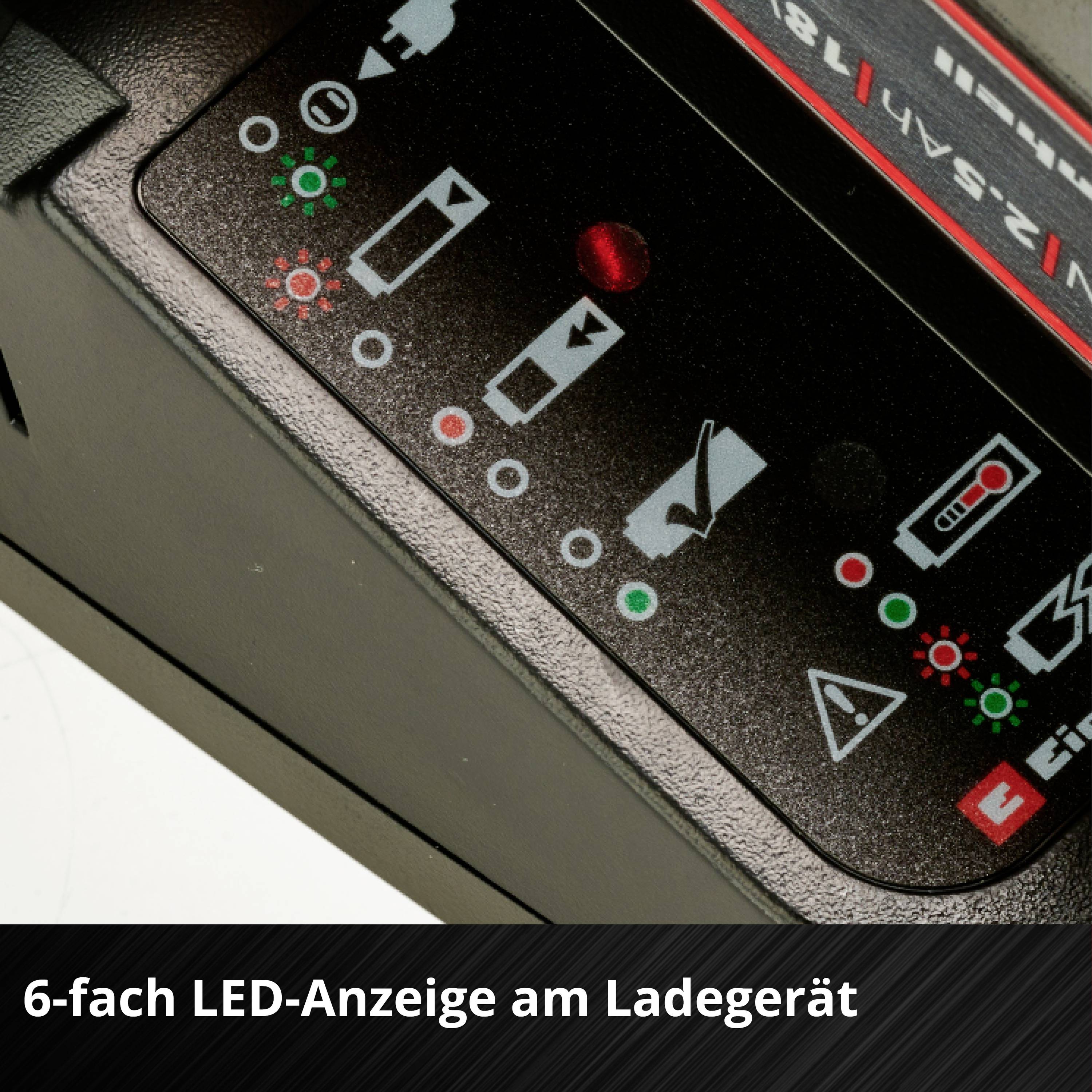 Nabíječka se 6stupňovou LED indikací, která zobrazuje různé stavy nabíjení a funkce prostřednictvím symbolů a světel.