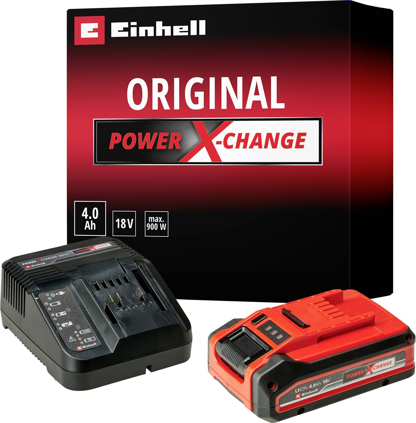 Akumulátory a nabíječky Einhell Power X-Change. Jsou zobrazena dvě červená a jedno černé jednotlivé zařízení.