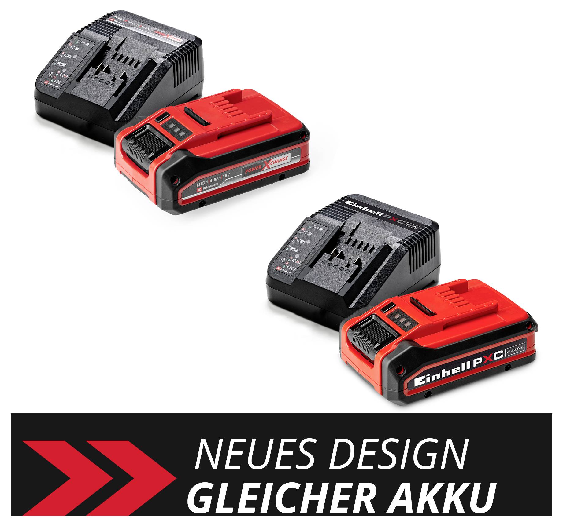 Tři nabíječky Einhell s akumulátory v novém designu, shodný výkon. Popis: Nový design, stejný akumulátor.