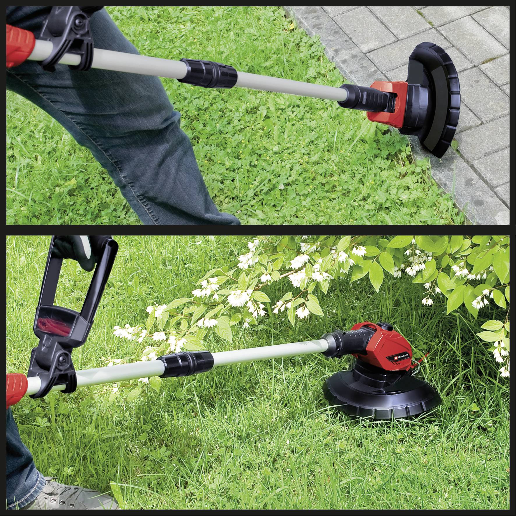 Obrázek zobrazuje muže, který pomocí elektrické sekačky nebo vyžínače zastřihává trávu a plevel na travnaté ploše.