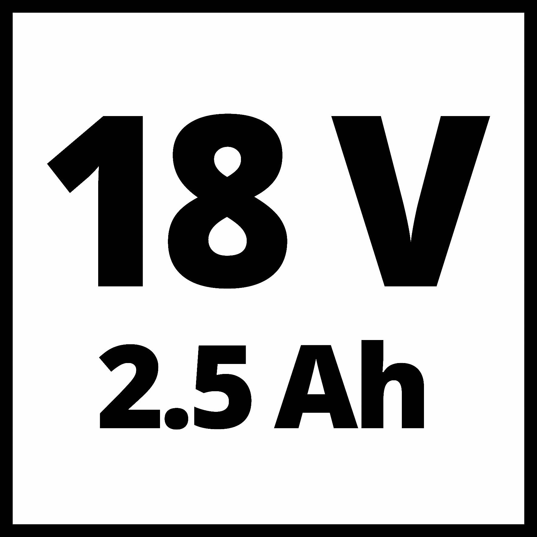 "18 V 2,5 Ah" černým písmem na bílém pozadí, symbolizuje baterii s napětím 18 voltů a kapacitou 2,5 ampérhodin.