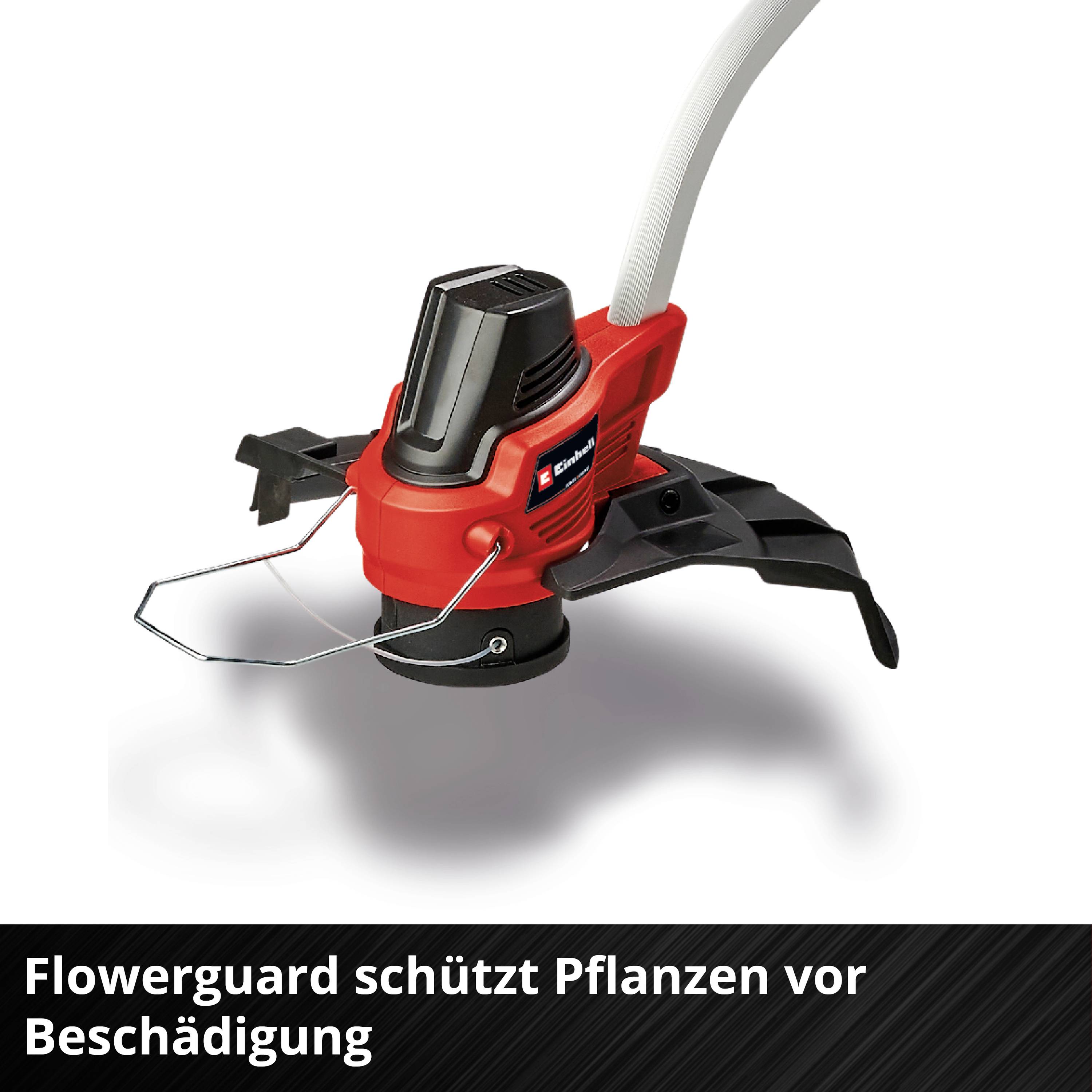 Červená sekačka s technologií 'Flowerguard' pro ochranu rostlin. Text dole: 'Flowerguard chrání rostliny před poškozením'.