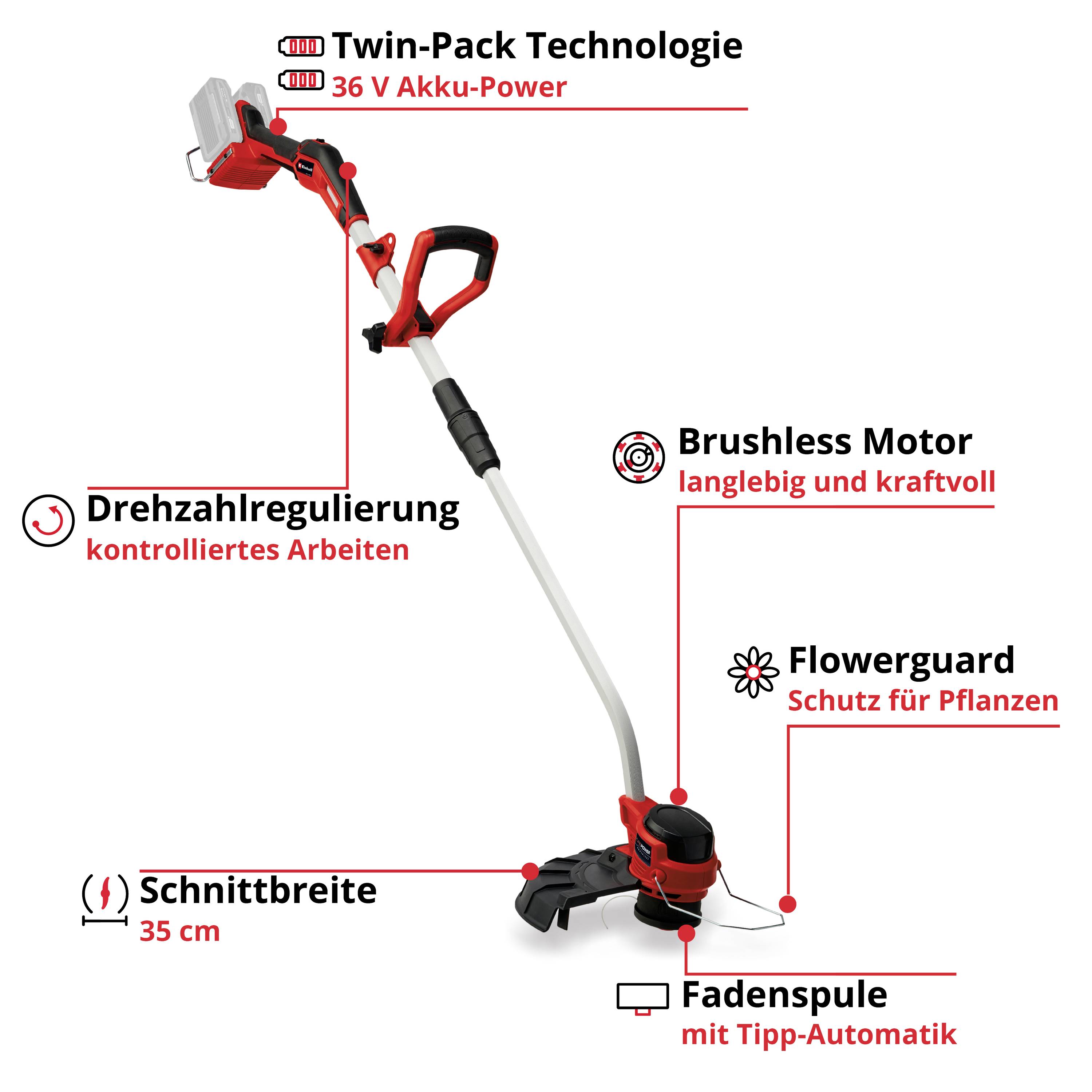Vyžínač s technologií Twin-Pack a 36V akumulátorem. Obsahuje regulaci otáček, bezkartáčový motor, Flowerguard, šířku záběru 35 cm, cívku se šňůrou s automatickým povysunutím.