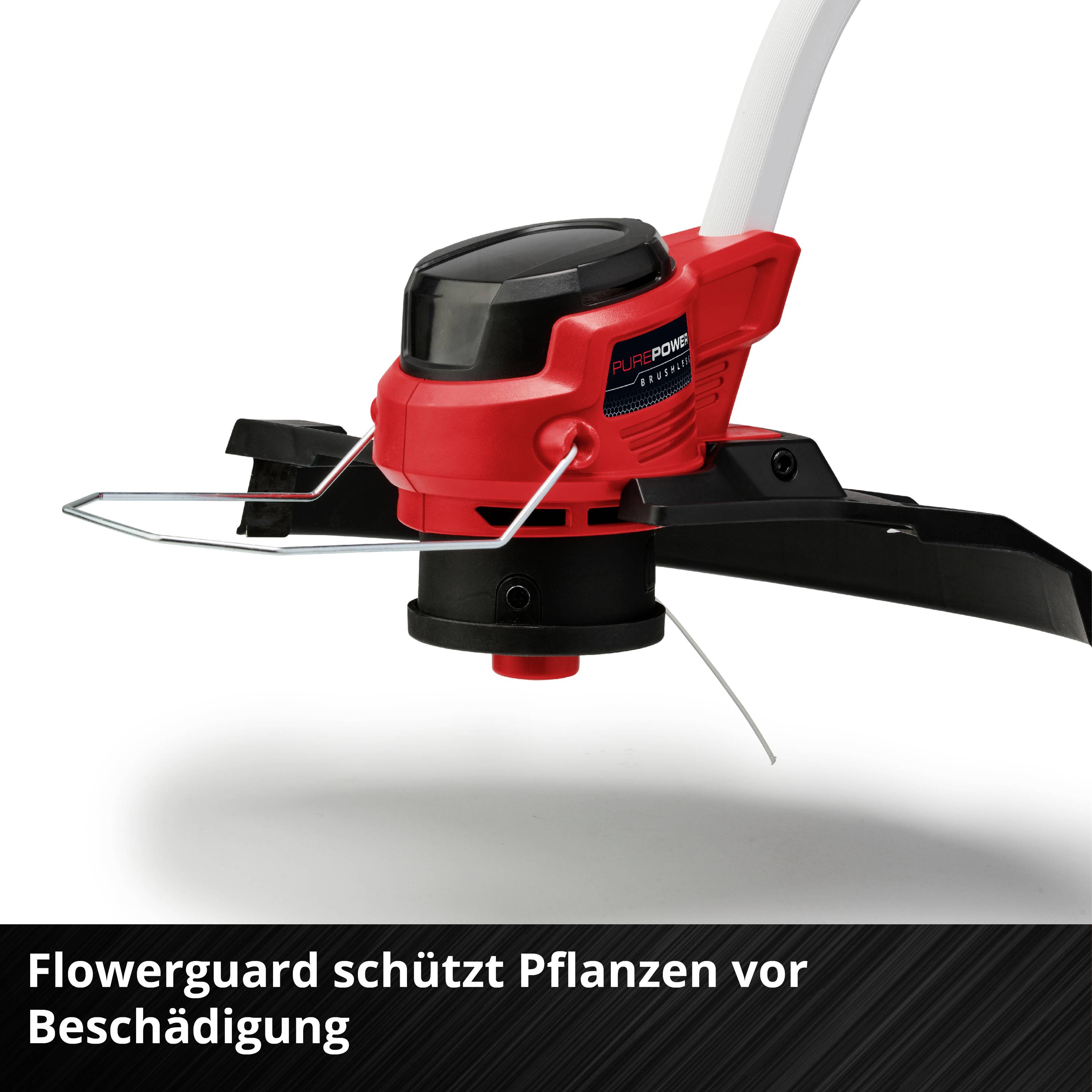 Nápis 'Flowerguard chrání rostliny před poškozením' ukazuje červený travní zastřihovač s ochranným mechanismem na řezací čepeli.