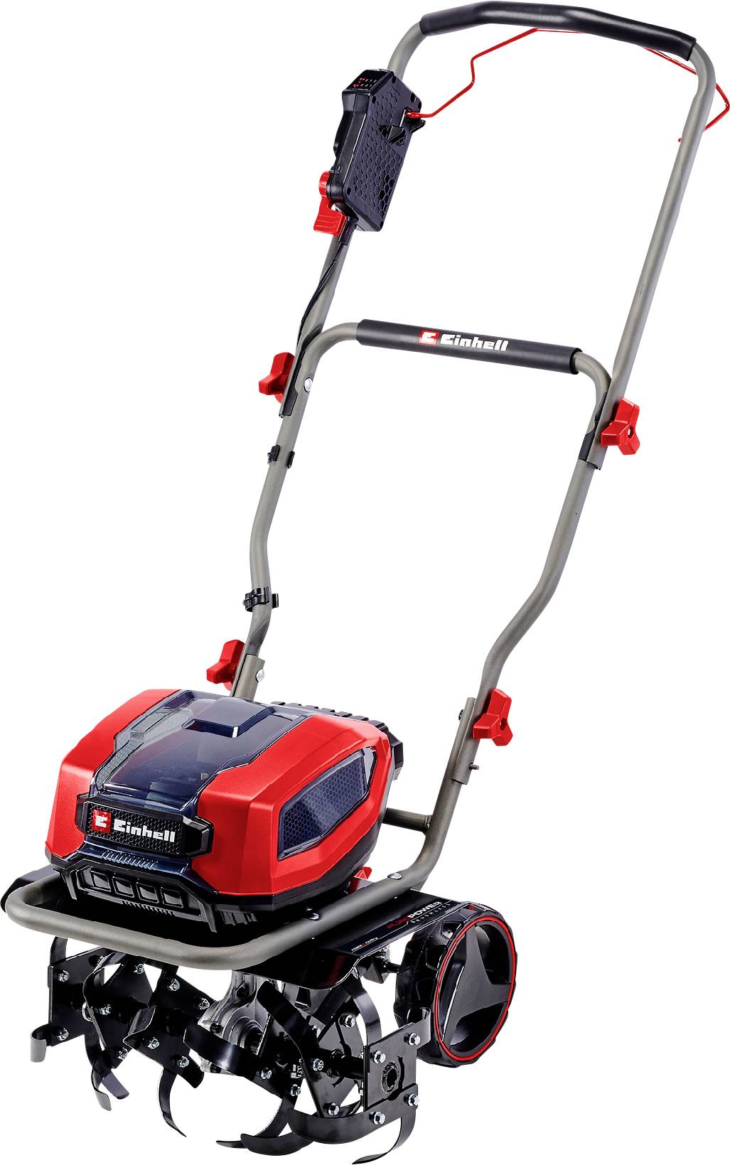 Červená a černá zahradní fréza Einhell s rukojetí, dvěma koly a robustními frézovacími noži, ideální pro zpracování půdy v zahradě.