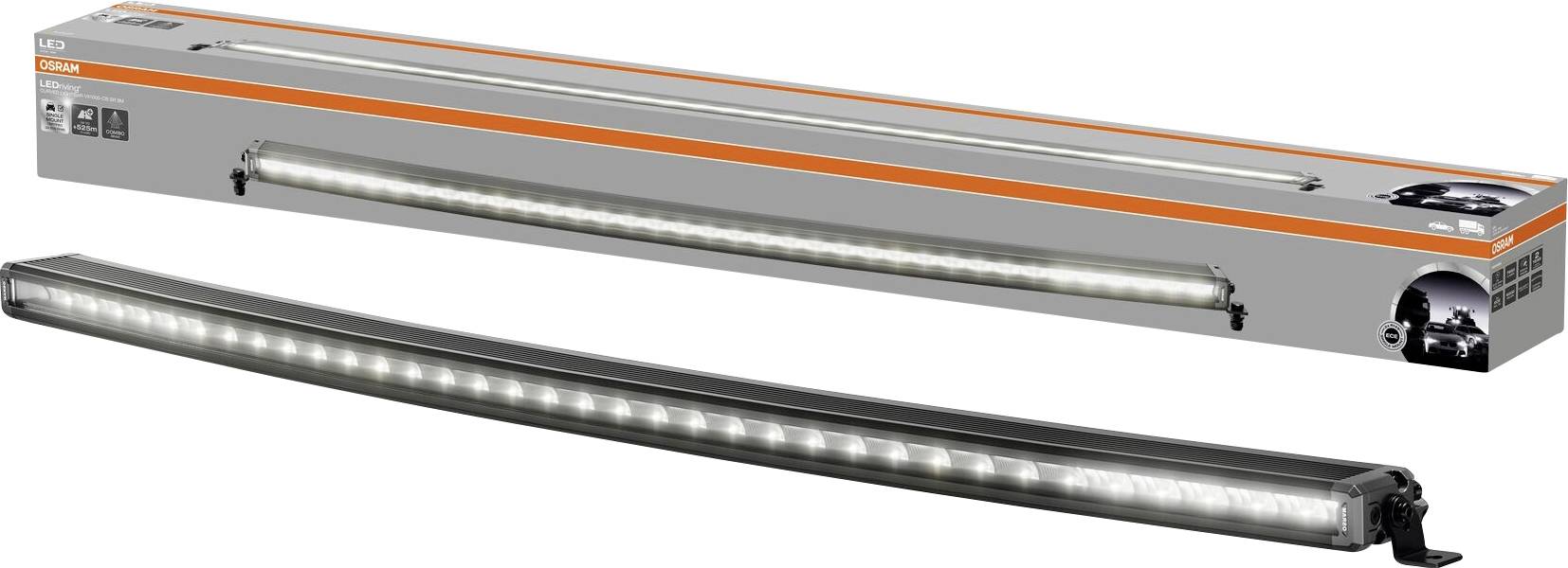 LED světelná lišta v zakřiveném tvaru před šedým kartonem, který světelnou lištu zobrazuje. Balení s logem a obrázkem automobilu.