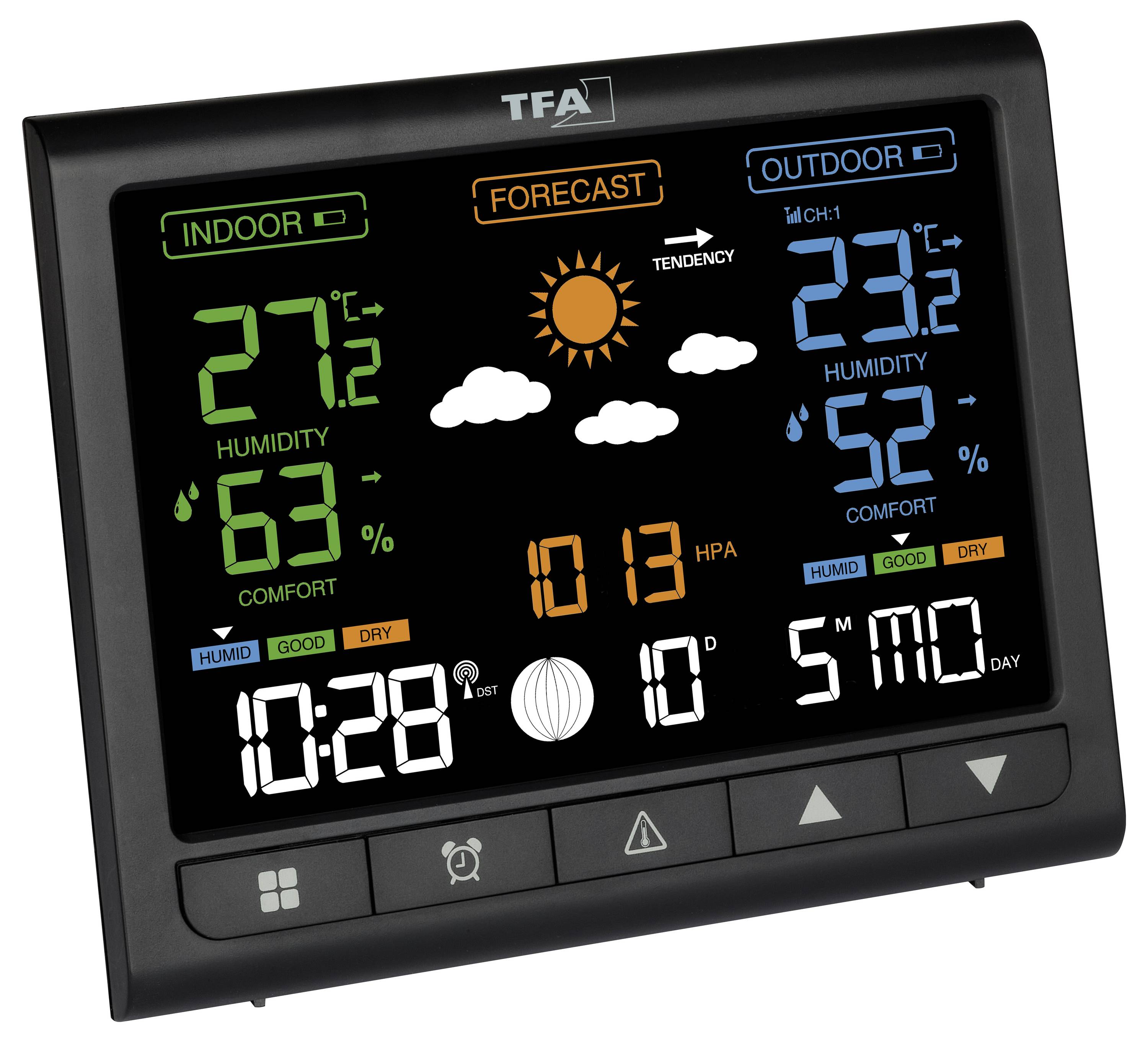 Elektronická meteostanice s displejem pro vnitřní a venkovní teplotu, vlhkost vzduchu, předpověď počasí se symboly, hodiny a datum.