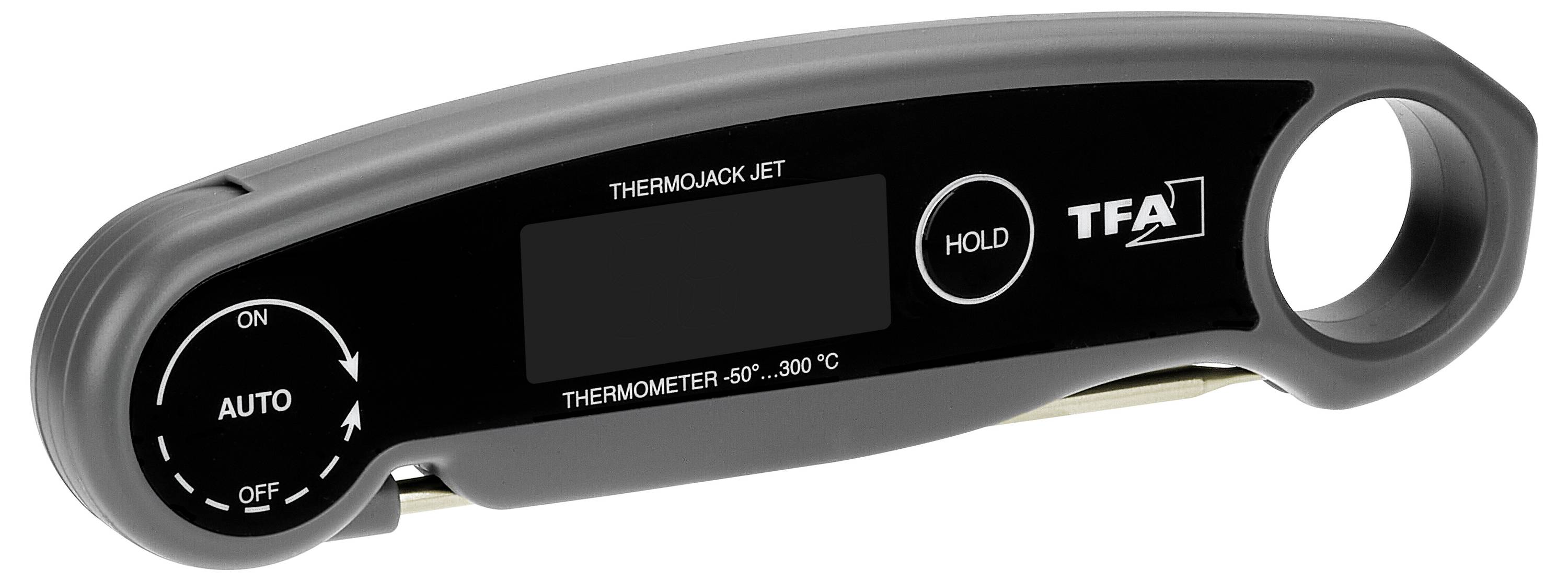 Digitální teploměr s černě lemovaným displejem a tlačítky pro zapnutí/vypnutí a automatickou funkcí. Rozsah teplot: -50° až 300°C.