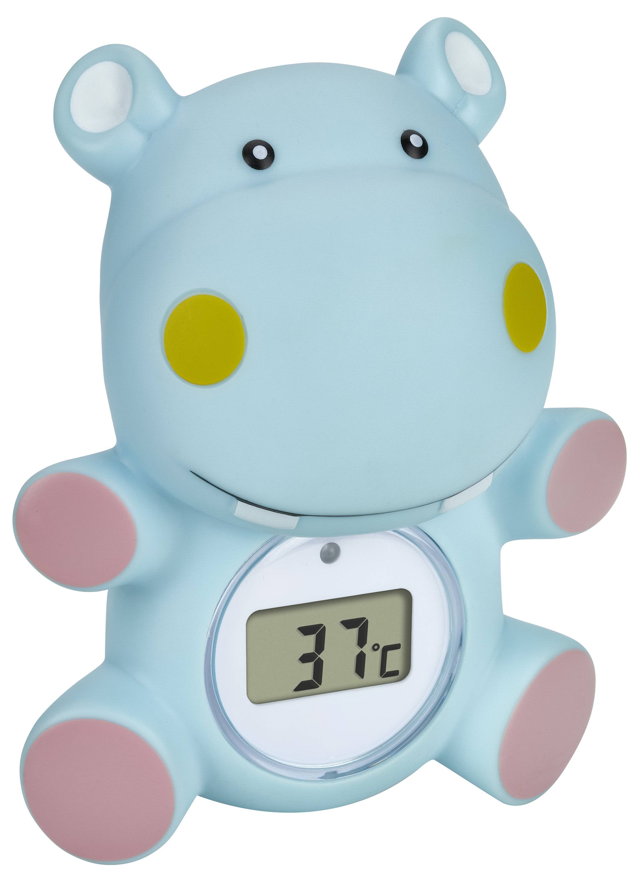 Modré teploměr ve tvaru hrocha s růžovýma ušima a nožkami ukazuje teplotu 37°C na digitálním displeji.
