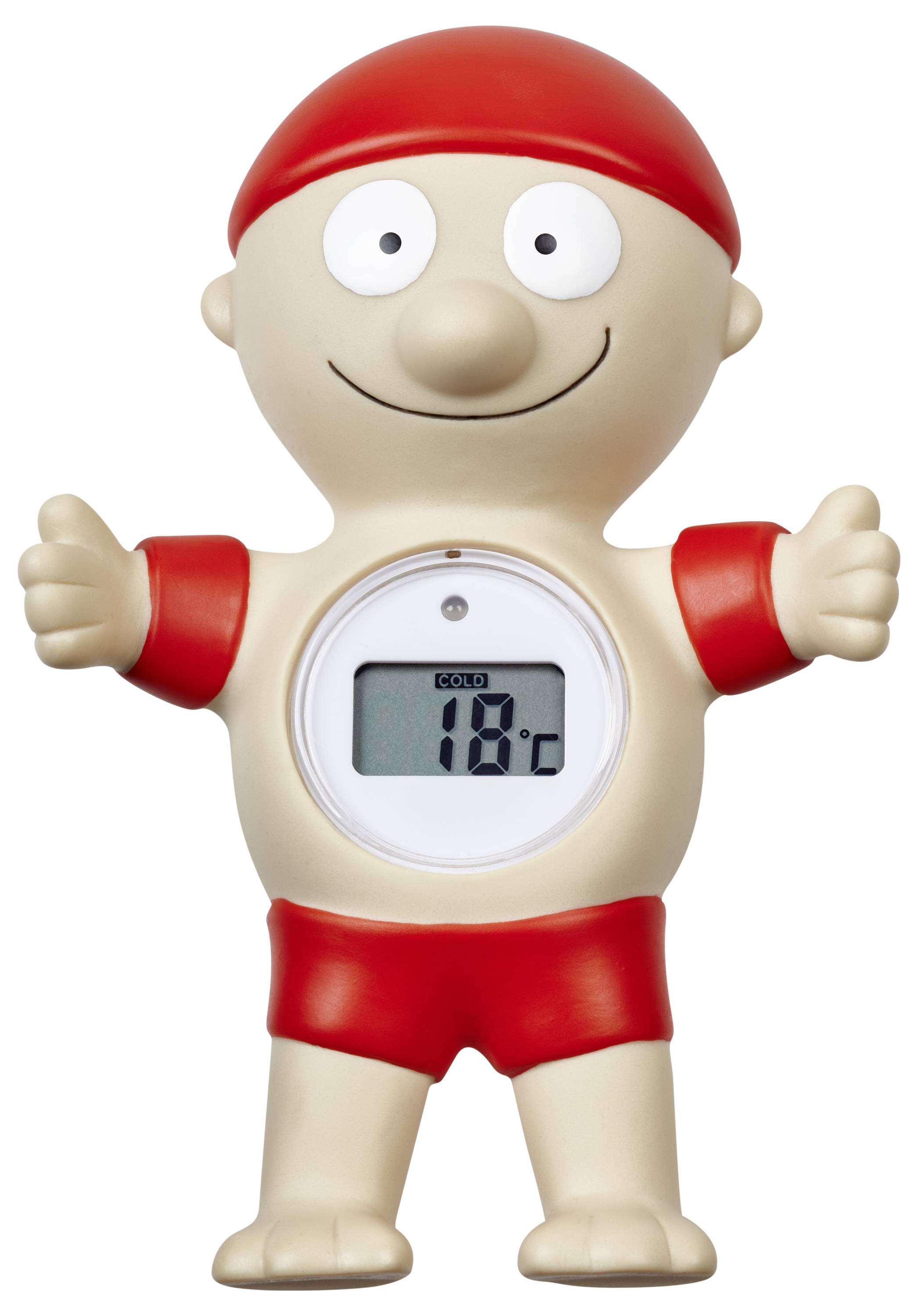 Digitální teploměr ve tvaru veselé postavičky v červeném plaveckém oblečení ukazuje teplotu 18°C.