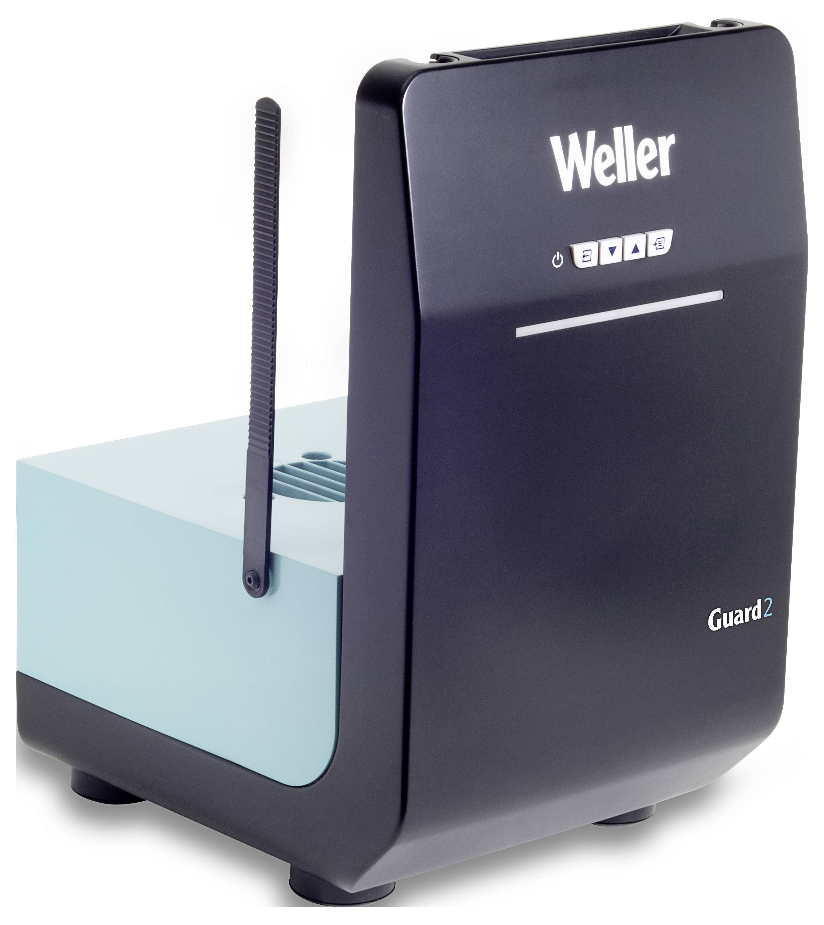 Systém odsávání pájedla 'Weller Guard 2' v černé a modré barvě, viditelný je ovládací panel a firemní logo.
