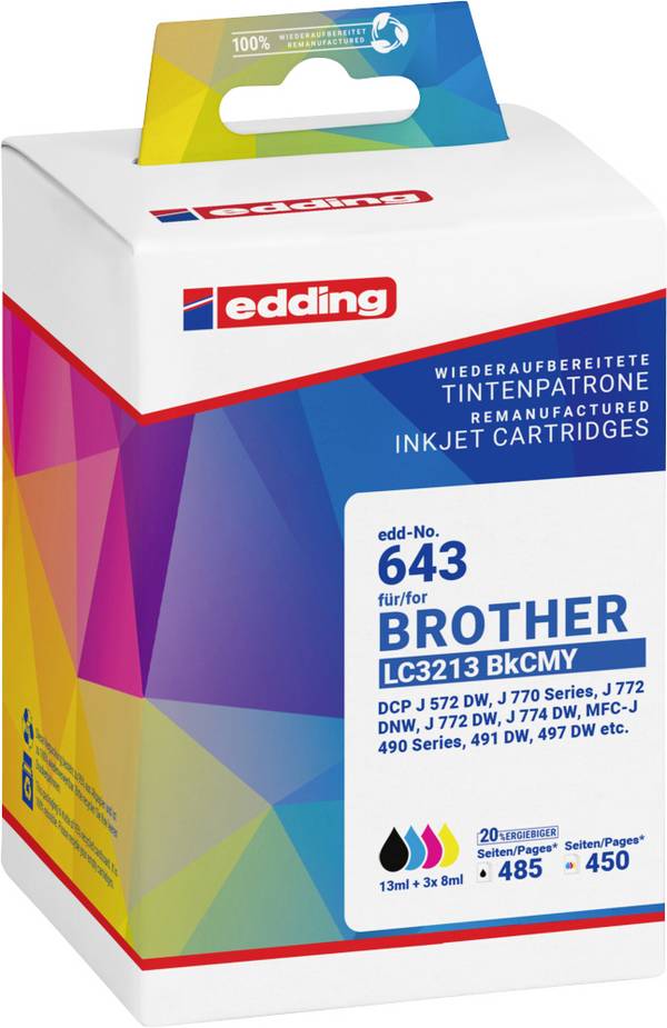 Edding Ink náhradní Brother LC3213BKCMY kompatibilní kombinované balení černá, azurová, purppurová, žlutá EDD-643 18-643