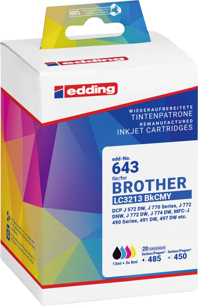 Balení inkoustové kazety edding, model 643, kompatibilní s tiskárnami Brother LC3213 v barvách BKCMY, pro 450 stran.