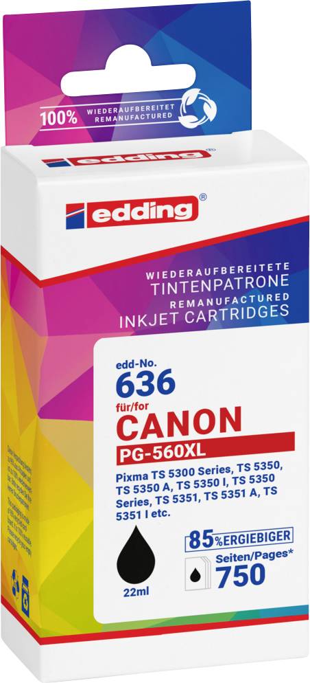 Renovovaná inkoustová kazeta pro tiskárny Canon, model PG-560XL, 22ml, postačí na 750 stran, o 85% výkonnější, značka Edding.