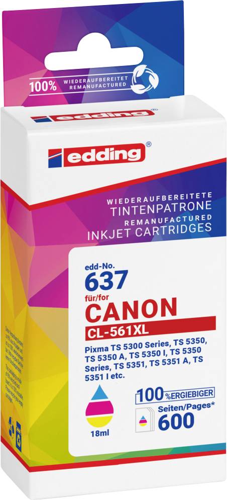 Náplň do tiskárny Edding 637 pro Canon CL-561XL, repasovaná, kompatibilní s tiskárnami Canon Pixma TS a TR série, až 600 stran.