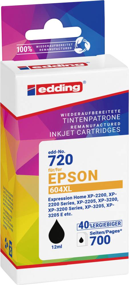 Balení inkoustové cartridge edding 720, kompatibilní s tiskárnami Epson, zobrazuje objem 12 ml a uvádí 40% vyšší výtěžnost.