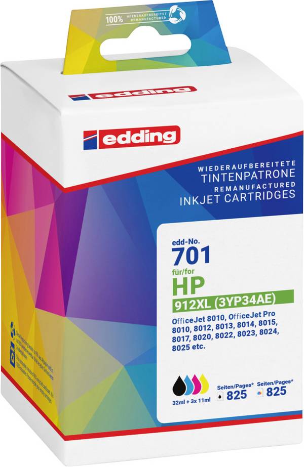 Edding Ink náhradní HP 912XL, 3YL84AE kompatibilní kombinované balení černá, azurová, purppurová, žlutá EDD-701 18-701