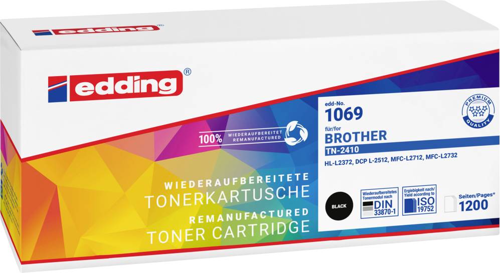Balení opětovně použitelné tonerové kazety edding, kompatibilní s Brother TN-2410; výtěžnost přibližně 1200 stran, černá.