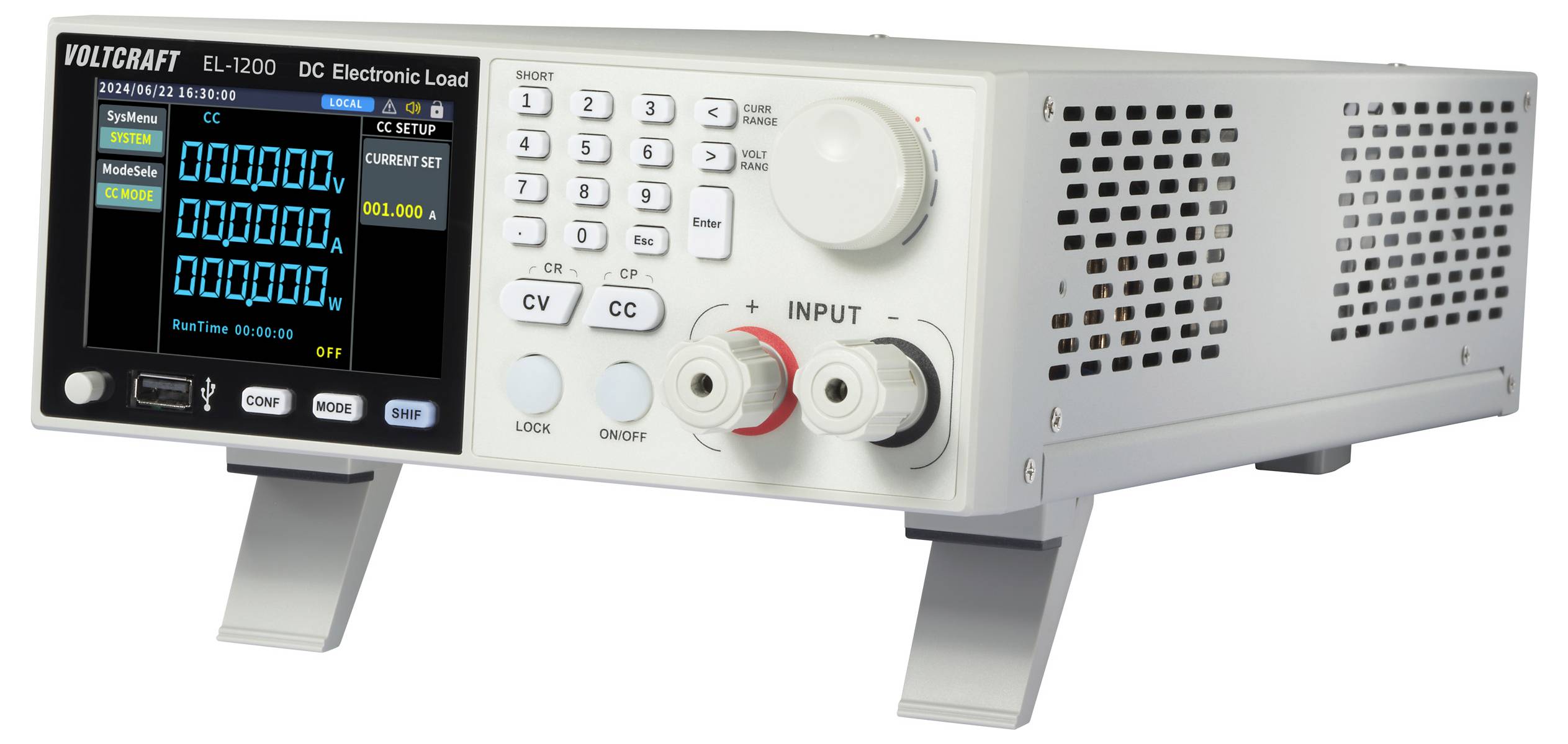Elektronická stejnosměrná zátěž Voltcraft EL-1200 s displejem, klávesnicí a konektory pro laboratorní použití.