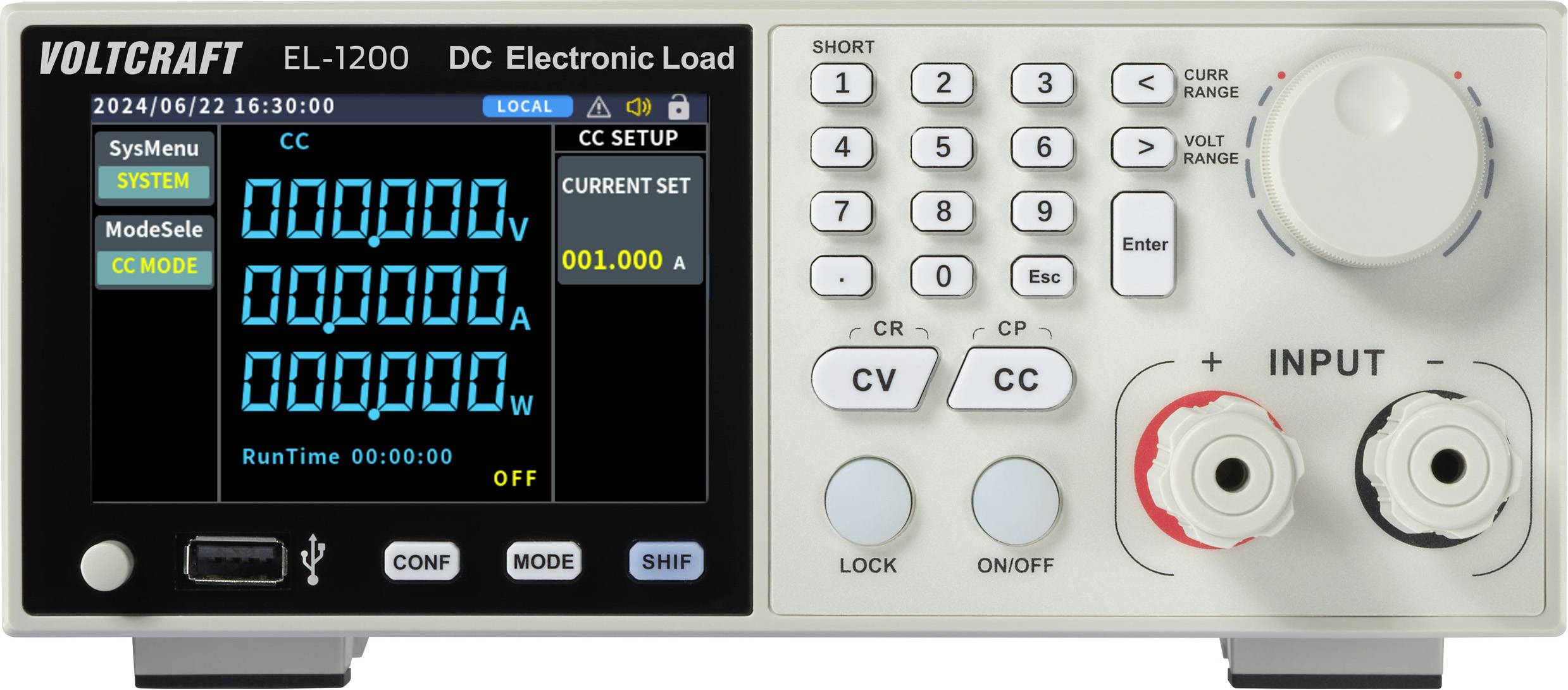 Elektronická zátěž VOLTCRAFT EL-1200 DC s digitálním displejem zobrazujícím systémové nastavení, proud, napětí a výkon. Ovládací knoflíky a tlačítka jsou umístěny vpravo.