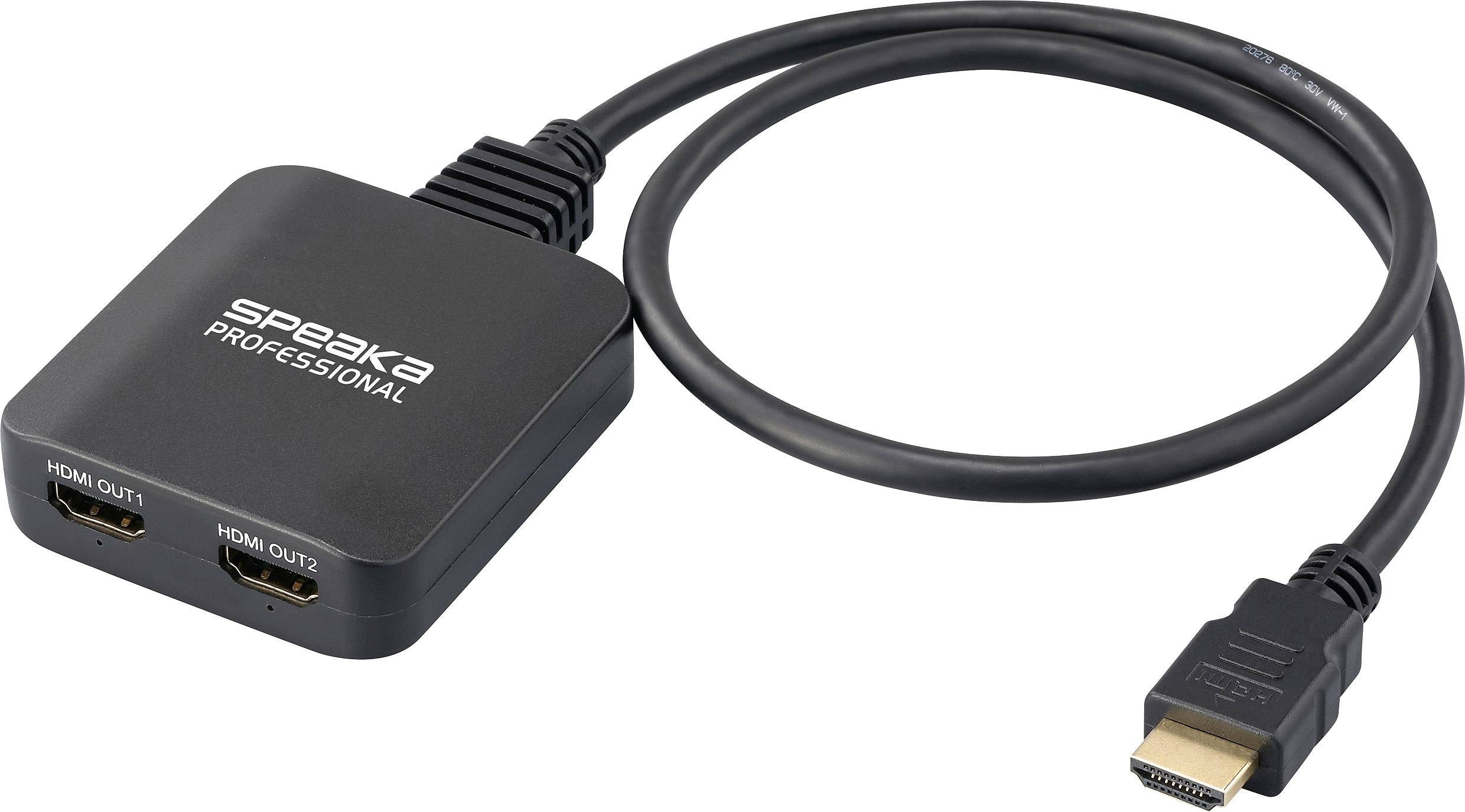 HDMI rozbočovač se dvěma výstupy, černý, připojený ke kabelu. Označený štítkem 'SpeaKa Professional'. Vhodný pro distribuci videa.